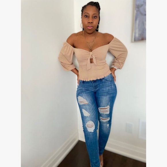 (NWT) Smocked Keyhole Off-Shoulder Top - Khaki - Picture 6 of 6